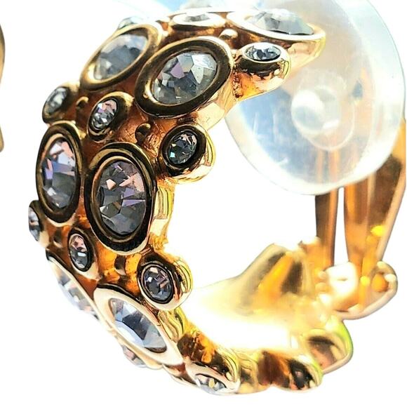 Swarovski Clip On Earrings Crystal Gold Hoop Chunky Bubble 90s Luxury Statement - Picture 8 of 8